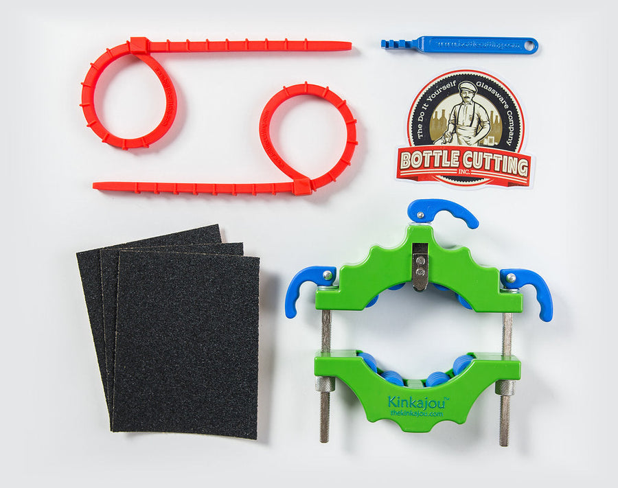Kinkajou Bottle Cutter kit with cutting wheel, separation ties, sandpaper.